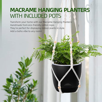 2-Pack 7.1-Inch Self-Watering Hanging Planters for Indoor & Outdoor Plants,34Inch Macrame Hanger Plant Pots Indoor with Drainage,Small Hanging Planters & Baskets,With Two Sets of Hooks（Pure black）