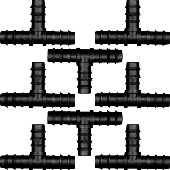 Maitys 8 Pieces 1/2 Inch Drip Irrigation Fittings Parts Soaker Hose Repair Kit Inline Barb Drip Irrigation Hose Connectors Plastic Tubing End Stop for Garden Lawn Sprinkler Systems(Tee)