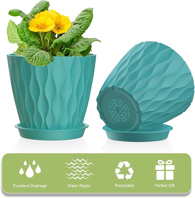 12 Pack 4 Inch Small Plant Pots with Saucers, Waffle Texture Plastic Planters with Drainage Holes for Indoor and Outdoor Plants, Flowers, Herbs, Succulents, and Seedlings, Blue