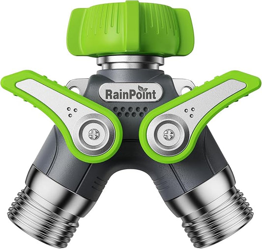 RAINPOINT Garden Hose Splitter, 2 Way Heavy Duty Water Hose Y Spigot Splitter with Shutoff Valves, 100% Metal Body Outdoor Faucet Splitter, 1.9" Extra Long Metal Handle, 3/4" GHT Thread (2, Green)