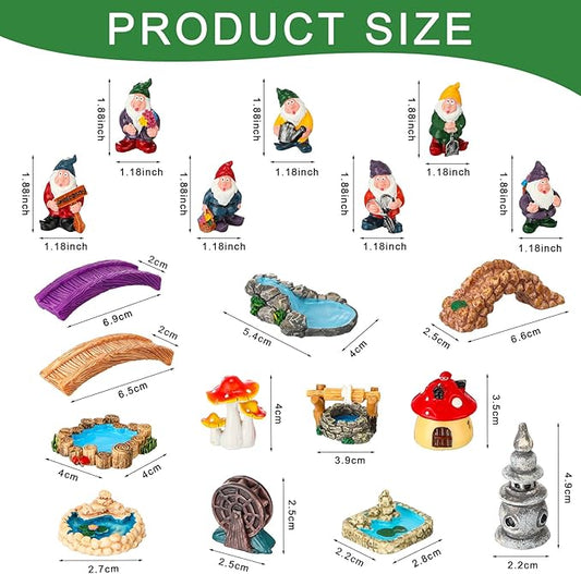 Unittype 19 Pcs Gnome Garden Accessories Tiny Fairy Gnome Figurines Miniature Bridge Mushroom Lighthouse Water Well Pond Resin Garden Decorations Miniature Figurines for Craft
