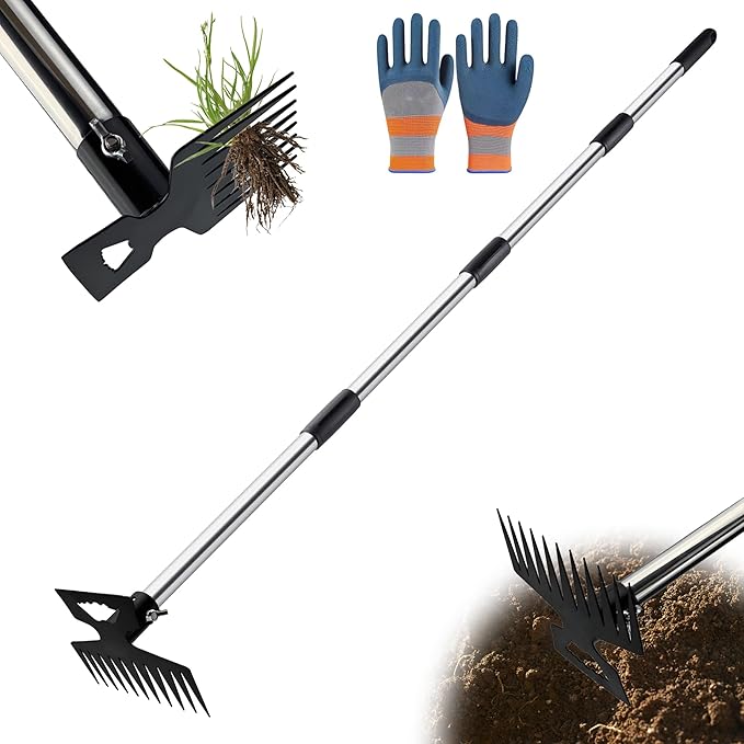 Weed Puller Tool with Long Handle, 60" Manual Weeder Remover Tool, 2 in 1 11-Tine Heavy Duty Manual Weed Rake and Garden Hoe, Weeding Tools for Yard, Lawn, Patio, Garden