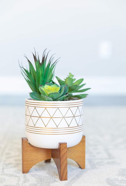 Flora Bunda 5" White Gold Ceramic Geometric W/Wood Stand Planter Pot Mid Century, 5x5x6, for Houseplants, Succulents, Snake Plants – Plants not Included