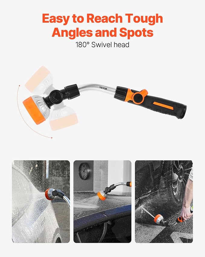 VEVOR Watering Wand, 15-Inch Robust Yard Hose Stick with 8 Spraying Modes & 180° Pivoting Head, Extended Hose Spray Apparatus with Thumb Operated On/Off