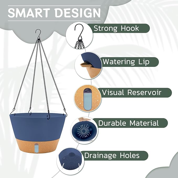 ZMTECH 12 Inch Hanging Planters for Indoor Plants, 2 Pack Self Watering Hanging Planter with Visual Reservoir, Hanging Pots for Plants Outdoor with Drainage Hole and Plant Hanger(12Inch, Blue)