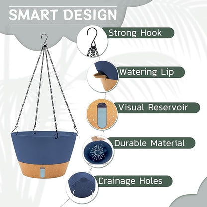 ZMTECH 12 Inch Hanging Planters for Indoor Plants, 2 Pack Self Watering Hanging Planter with Visual Reservoir, Hanging Pots for Plants Outdoor with Drainage Hole and Plant Hanger(12Inch, Blue)