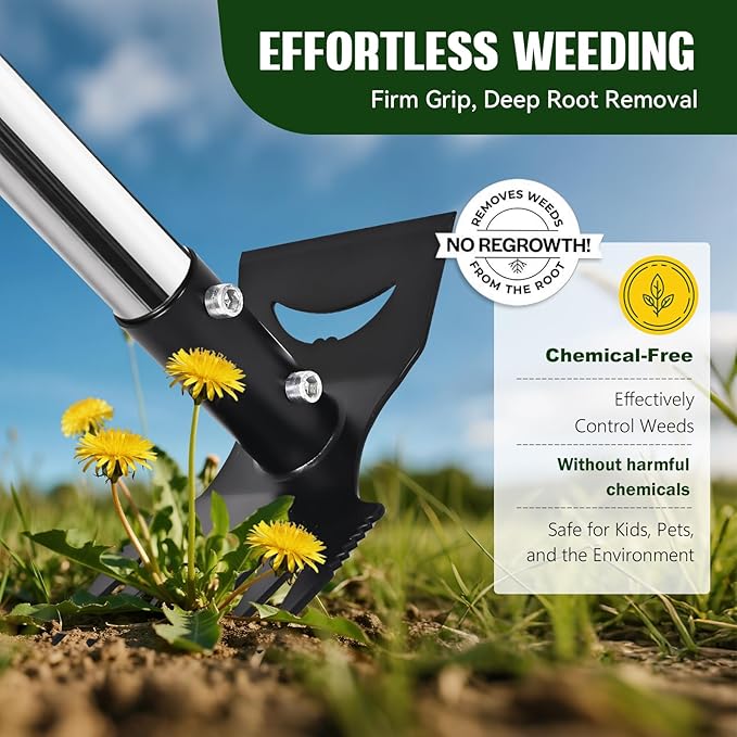 Weed Puller Tool with Long Handle - 58" Manual Weeder Remover Tool, 2 in 1 Hand Weed Rake and Garden Hoe for Gardening, Heavy Duty Uprooting Weeding Pull for Yard, Lawn, Patio and Garden