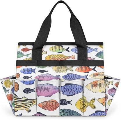 Fishes Garden Tool Bag Waterproof Gardening Tool Storage Bag with Handle & 10 Pockets Gardening Tote Bag for Women Garden Tool Organizer
