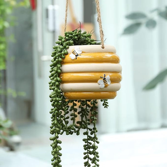 Hanging Ceramic Planter 5 Inch Cute Bee Plant Pots Indoor Outdoor Yellow Planter Flower Pot Succulent Plant Pot Ceramic Mid-Century