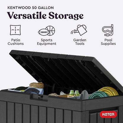 Keter Kentwood 50 Gallon Resin Deck Box-Organization and Storage for Patio Cushions, Throw Pillows and Garden Tools, Dark Grey