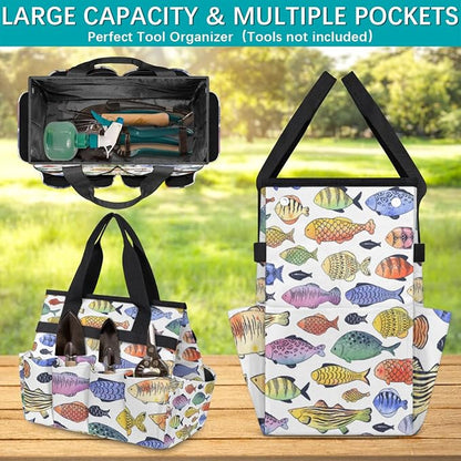 Fishes Garden Tool Bag Waterproof Gardening Tool Storage Bag with Handle & 10 Pockets Gardening Tote Bag for Women Garden Tool Organizer