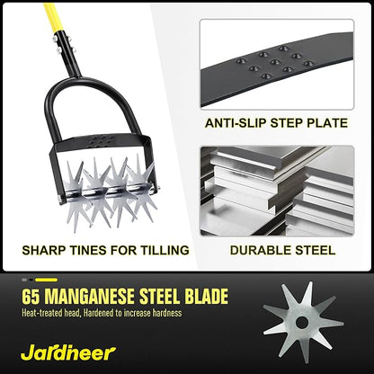 Jardineer Rotary Cultivator for Gardening, Long Handle Garden Cultivator for Soil Mixing, Reseeding, Lawn Aerating, Hand Tiller with Auxiliary Handle Suitable for Women and The Elderly