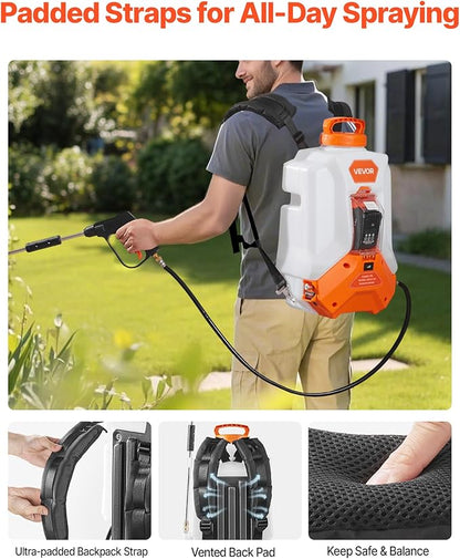 VEVOR Battery Powered Backpack Sprayer, Electric Back Pack Sprayer 4 Gallon, 2 Wands & 8 Nozzles, Adjustable 0-90 PSI, 4H Runtime, Portable Lawn & Garden Sprayers for Weeding, Spraying, Cleaning