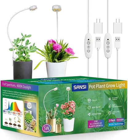 SANSI Grow Lights for Indoor Plants, ETL Listed Pot Clip LED Plant Lights for Indoor Growing, Full Spectrum, 4-Level Dimmable, Auto On Off 3 6 12 Hrs Timer for Small Plants, Garden White 5V 2-Pack