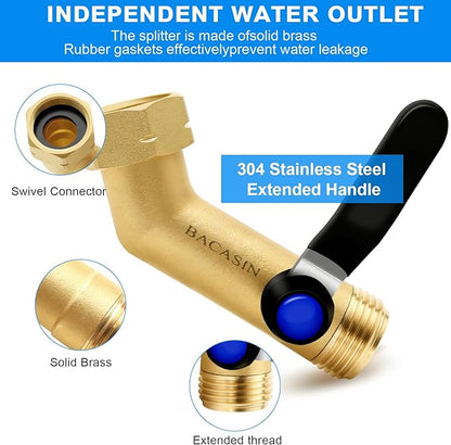 135° Full Flow Heavy Duty Brass Garden Hose Shutoff Valve with 304 Stainless Steel Extended Handle, 3/4-Inch Leak-Free Elbow Connector for Outdoor Faucets, RV Spigots, and Hose Extenders