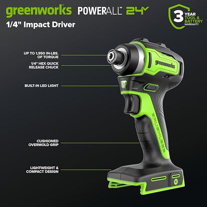 GREENWORKS 24V (5-TOOL) Combo (Drill + Impact Driver + Circular Saw + Multi-Tool + Flashlight), 4.0Ah + 2.0Ah (24,000mAh Power Bank) Batteries, (2) Cables, 65W Rapid Charger