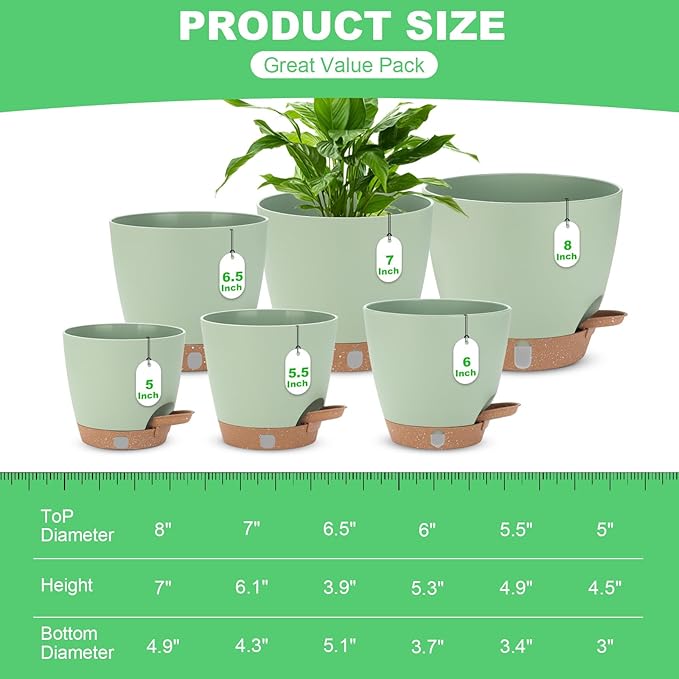 Self Watering Planter Set with Visual Water Level, 6Pack Small Plastic Pot with Drainage Holes and Reservoir Saucers, Modern 8+7+6.5+6+5.5+5 Inch Bottom Watering Flower Pots for Indoor Plant - Green