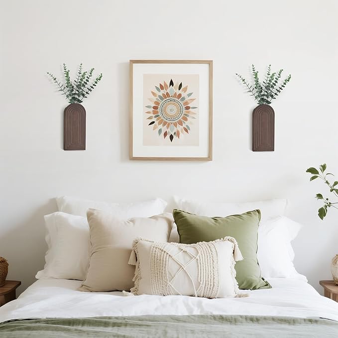 Dahey Wood Wall Vase Planter with Artificial Eucalyptus, 2 Pack Hanging Planter for Indoor Fake Plants Modern Boho Farmhouse Wall Art Decor for Bathroom Bedroom Kitchen Office Home Decoration, Brown