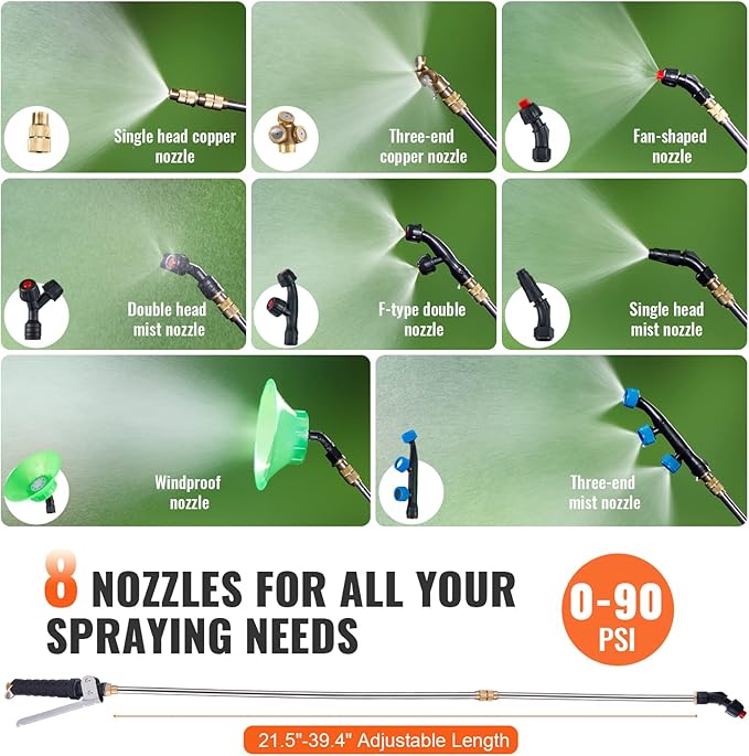 VEVOR Battery Powered Backpack Sprayer, 0-90 PSI Adjustable Pressure, 4 Gallon Tank, Back Pack Sprayer with 8 Nozzles and 2 Wands, 12V 8Ah Battery, Wide Mouth Lid for Weeding, Spraying, Cleaning