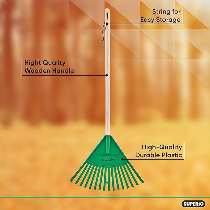 Rakes with Hardwood Handle, Durable Plastic Head to Sweep Leaves in Lawn and Tidying Up The Garden, 34" (Green), 6 Pack