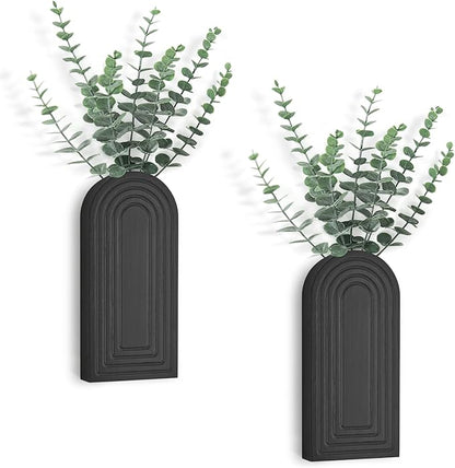 Dahey Wood Wall Planter Vase with Artificial Eucalyptus, 2 Pack Hanging Planter for Indoor Fake Plants Modern Boho Farmhouse Wall Art Decor for Bathroom Bedroom Kitchen Office Home Decoration, Black
