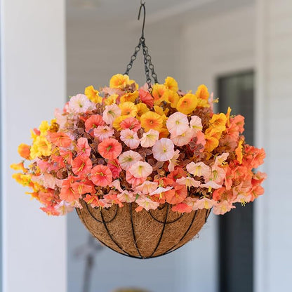 Artificial Fake Hanging Flowers with Basket for Fall Decoration, 12 Bundles Faux Silk Morning Glory Plants for Outdoor Planters, Realistic UV Resistant Artificial Flowers for Outside Porch Garden