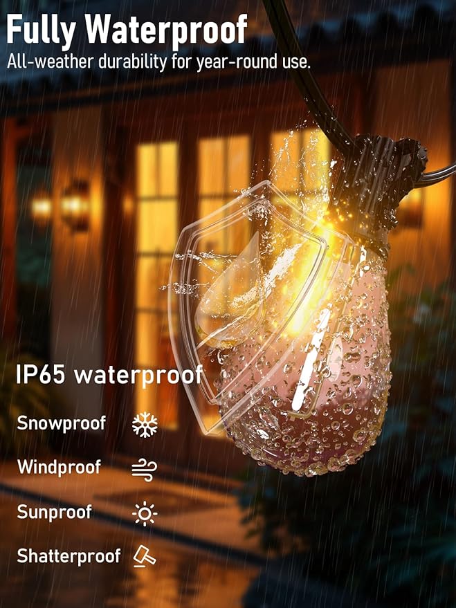 luckystyle 15FT LED Outdoor String Lights with Remote, 6+1 Shatterproof Bulbs Waterproof and Dimmable Patio Lights for Porch, Garden, Backyard, Deck, Balcony, 2700K Hanging Lighting