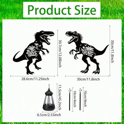 Dinosaur Metal Garden Stakes Yard Decor with a Lantern, Black Dinosaur with Flower Silhouette Statues Garden Decorative Gifts for Yard Art, Patio, Outside, Lawn Ornaments, Backyard, Pathway