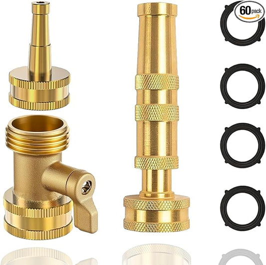 Heavy-duty brass hose nozzle 3-piece set,adjustable nozzle spray, with valve control, suitable for gardens, lawns, car cleaning and terraces | additional 4 anti-gaskets