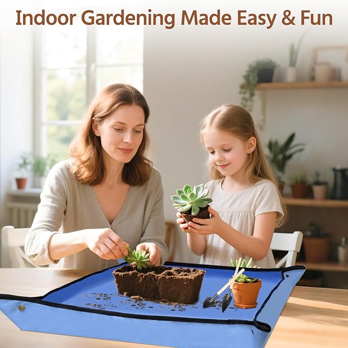 LASZOLA 45 pcs Repotting Set with Potting Mat Tiny Tools for Indoor Plants Succulents, Gardening Bag Kit with Waterproof Tray and Mini Tools, Ideal for Soil Replacement Seedling Transplanting, Blue