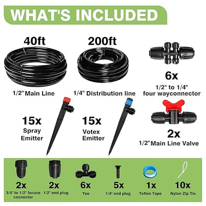 240FT Drip Irrigation System Kit New Quick-Connect, Automatic Garden Watering Misting System for Greenhouse, Yard, Lawn, Plant with 1/2 inch Hose 1/4 inch Distribution Tubing and Accessories