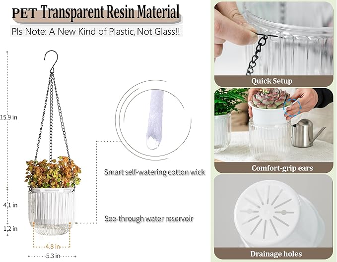 Melphoe 2 Pack Self Watering Hanging Planters Indoor Flower Pots, 5.3 Inch Outdoor Hanging Basket, Plant Hanger with 3Hooks Drainage Holes for Garden Home (White)