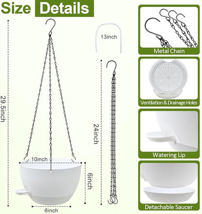 WOUSIWER Self Watering Hanging Planters, 2 Pack 10'' Plastic Pots with Drainage Holes & Reservoir Tray (White) | Indoor & Outdoor Use for Ferns, Ivy, Herbs, Succulents