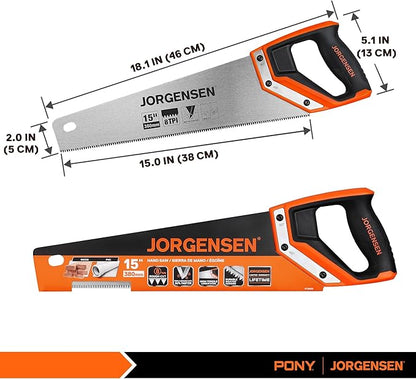 JORGENSEN 15 Inch Pro Hand Saw, 8 TPI Fine-Cut Ergonomic Non-Slip Aluminum Ultrasonic Welding Handle for Sawing, Trimming, Gardening, Woodworking, Drywall, Plastic Pipes
