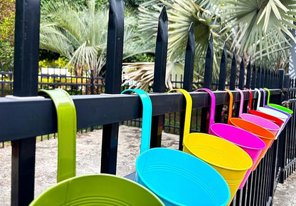 6 Inch Hanging Planters for Outdoor Plants, 10 Pack Metal Railing Planter, Rail Balcony Fence Flower Pot with Detachable Hooks, Colorful Garden Decor (Multi-Color, Pack of 10)
