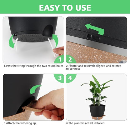 Self Watering Planter Set with Visual Water Level, 6Pack Small Plastic Pot with Drainage Holes and Reservoir Saucers, Modern 8+7+6.5+6+5.5+5 Inch Bottom Watering Flower Pots for Indoor Plant - Black