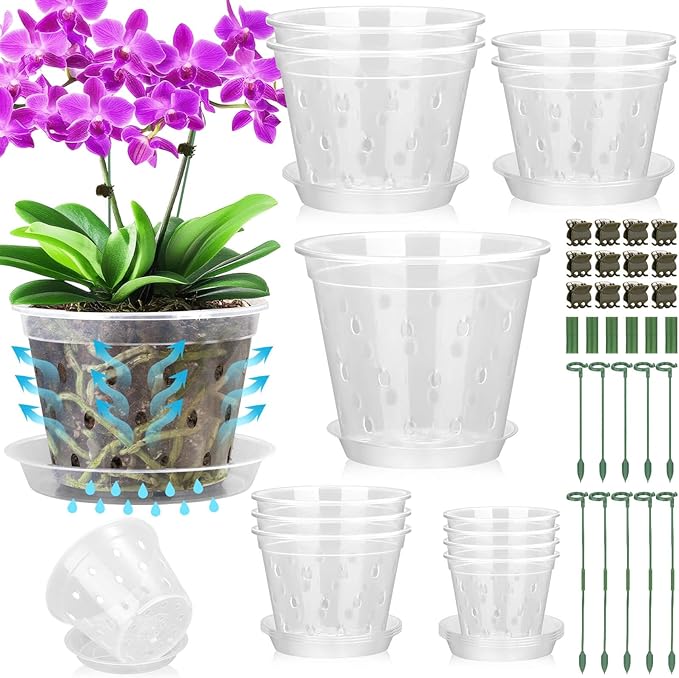 12 Pack Plastic Orchid Pots with Holes,5 Sizes 3, 4, 5, 6,7 Inch Clear Orchid Pots for Repotting with Saucers Drainage and Plant Stakes, Large Small Breathable Orchids Planter Plant Pot