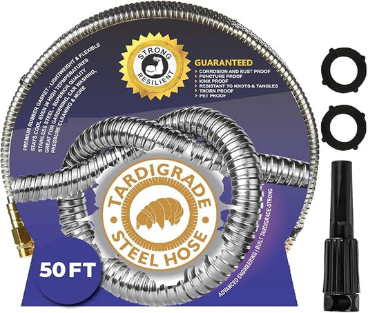 Tardigrade Metal Garden Hose 50 FT, Heavy Duty 304 Stainless Steel Water Hoses, Unmatched Durability, Flexible, No Kink & Tangle, Lightweight, Pet & Rust Proof for Outdoor Lawn Yard
