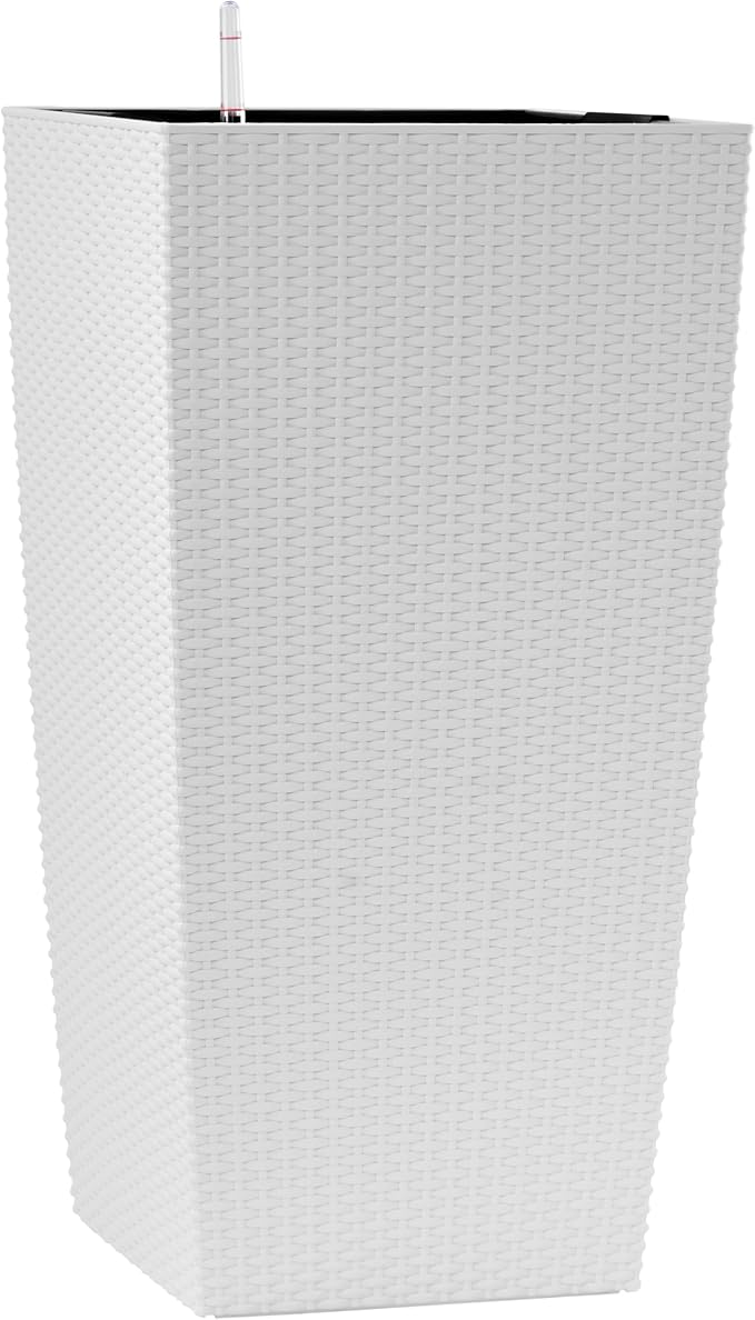 30in Tall Planter, Self Watering Pots for Indoor/Outdoor Plants with Drain Holes, Water Level Monitor, Inner Bucket for Front Porch Patio, White Large(1 Set)