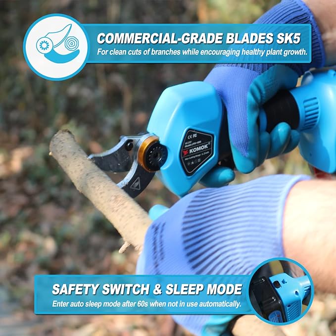 KOMOK Electric Pruning Shears, Cordless Electric Pruner Battery Operated Tree Branch Cutter with 2pcs 2Ah Lithium Batteries, 1.2 inch (30mm) Cutting Diameter 8-10 Working Hours