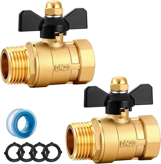 Garden Hose Brass Shut Off Valve Full Flow, No Restricted-Flow Water Shut-Off Connector, 3/4" GHT x 3/4" GHT Garden Hose Full Port Ball Valve Adapter (Butterfly Handle 2PCS)
