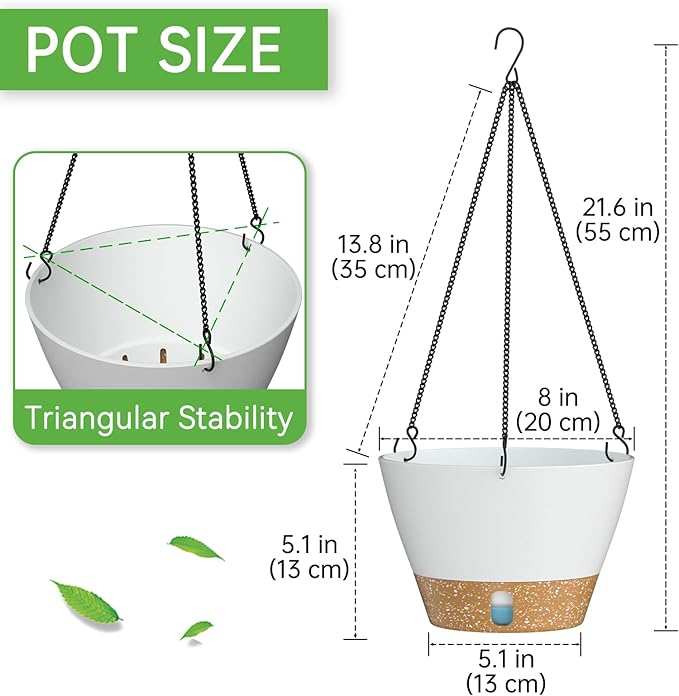 ZMTECH 8 Inch Hanging Planters for Indoor Plants, Hanging Baskets for Plants Outdoor with Visible Water Level, Hanging Flower Pots with Drainage Holes & Removable Tray(2 Pack, White)