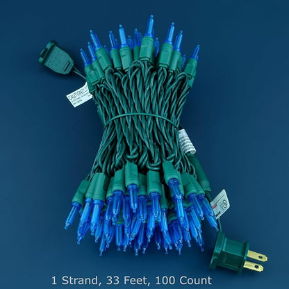 100 Blue One-Piece LED Christmas Lights, 33 ft Green Cord High Waterproof UL Certified T5 Outdoor String Lights (Blue)