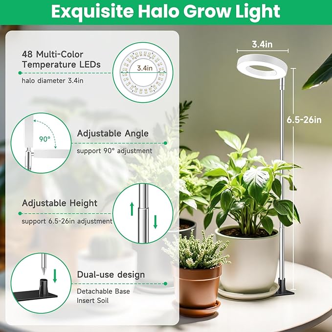 Grow Lights for Indoor Plants, Full Spectrum Small Halo Plant Grow Light with Base, 48 LED Growing Lamp 10 Levels Dimmable Auto On Off 3/9/12 Hrs Timer for Small Plants, White, 3.5in, 5 Pack