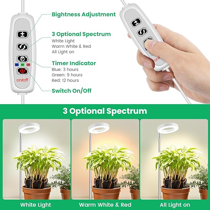Grow Lights for Indoor Plants, Full Spectrum Small Halo Plant Grow Light with Base, 48 LED Growing Lamp 10 Levels Dimmable Auto On Off 3/9/12 Hrs Timer for Small Plants, White, 3.5in, 5 Pack