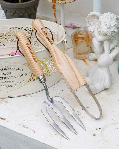 Garden Fork Hand Tool Small Weeding Fork 12 Inch with 3 Pointed Tines Wood Handle for Gardening Weeding Cultivating Digging Planting Transplanting Aerating Loosening Hard Soil Mixing Additives