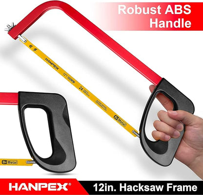 12in. High-Tension Hacksaw Frame with 24 TPI Bi-metal Blade, Hand Saw Suitable for Metal, wood, PVC, Carpentry（Black Handle）