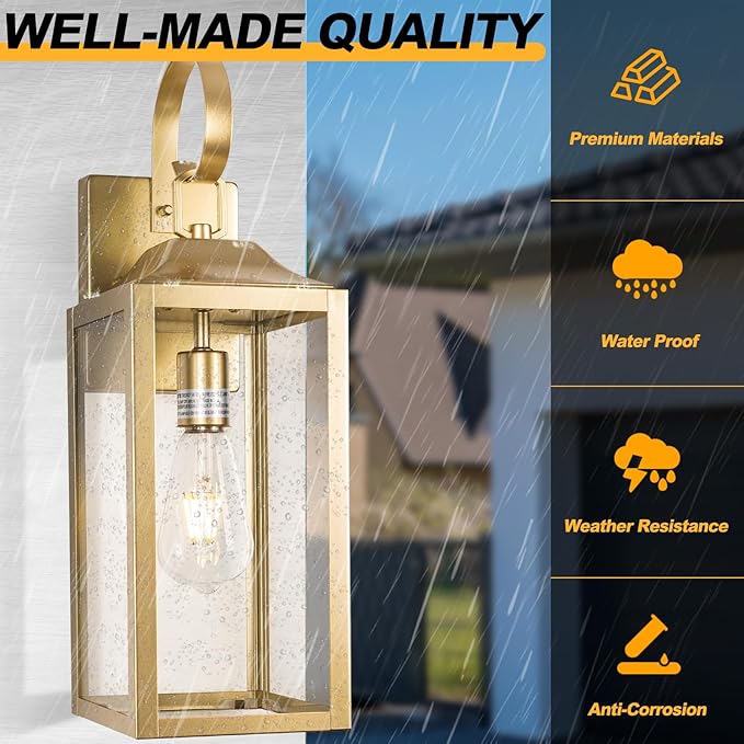 Large Outdoor Wall Lantern 19", Gold Outside Farmhouse Wall Sconce Light Fixture, Industrial Wall Mount Light with Glass, Waterproof Modern Porch Lighting Exterior Lamp for House Garage