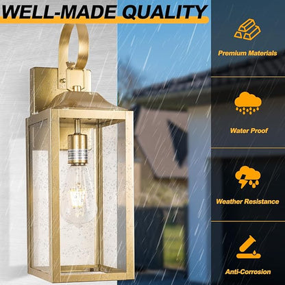 Large Outdoor Wall Lantern 19", Gold Outside Farmhouse Wall Sconce Light Fixture, Industrial Wall Mount Light with Glass, Waterproof Modern Porch Lighting Exterior Lamp for House Garage