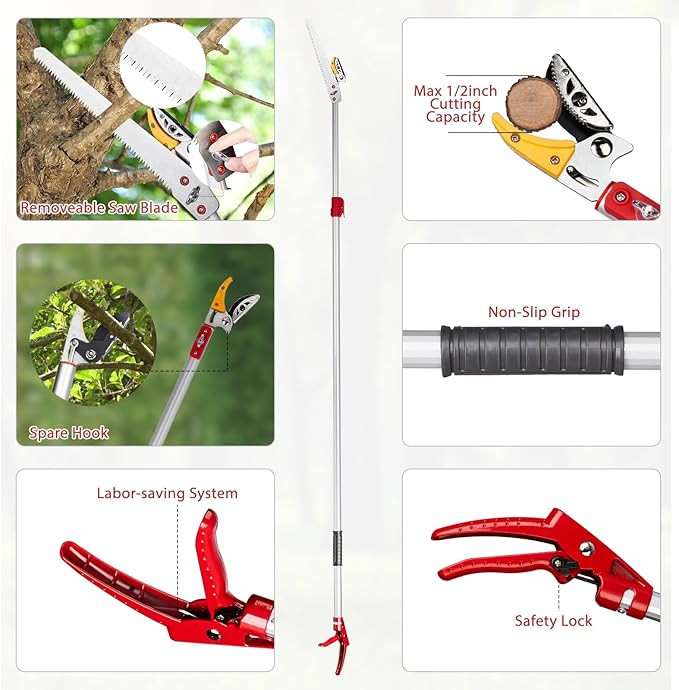 Outvita 4.4-7.2FT Extendable Tree Pruner, Lightweight Tree Trimmers, Cut and Hold Pruning Trimmer Long Reach Pole Saw, Telescoping Fruit Picker, Branches Bypass Lopper, Long Handle Pruner, Silver
